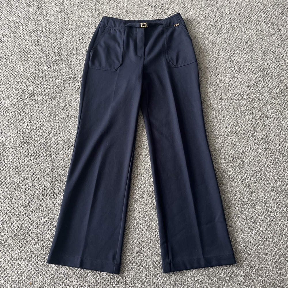 St John Sport By Marie Gray, Navy Wider Leg. Pants. Size 2. Gold Trim